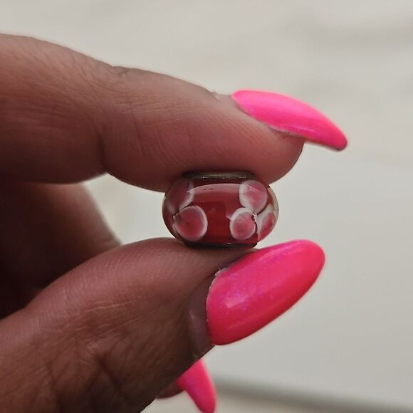 Murano Glass Flower Charm Stamped 925 Burgundy/ White - Picture 8 of 16